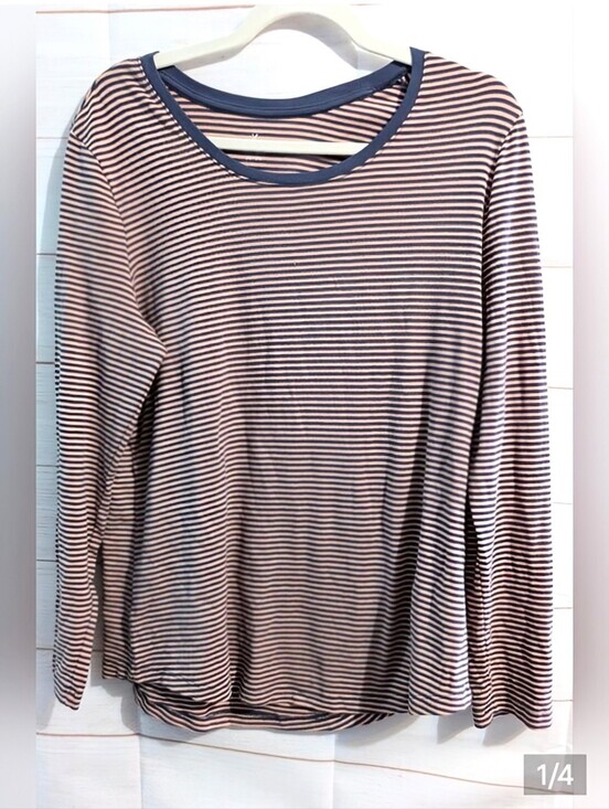 Denver Hayes Tops - Denver Hayes Striped Henley in Apricot and Navy Size 2X